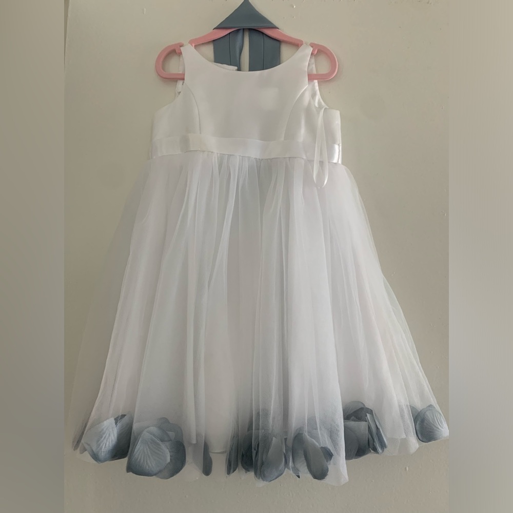 David’s Bridal satin-tulle flower girl dress with colored petals